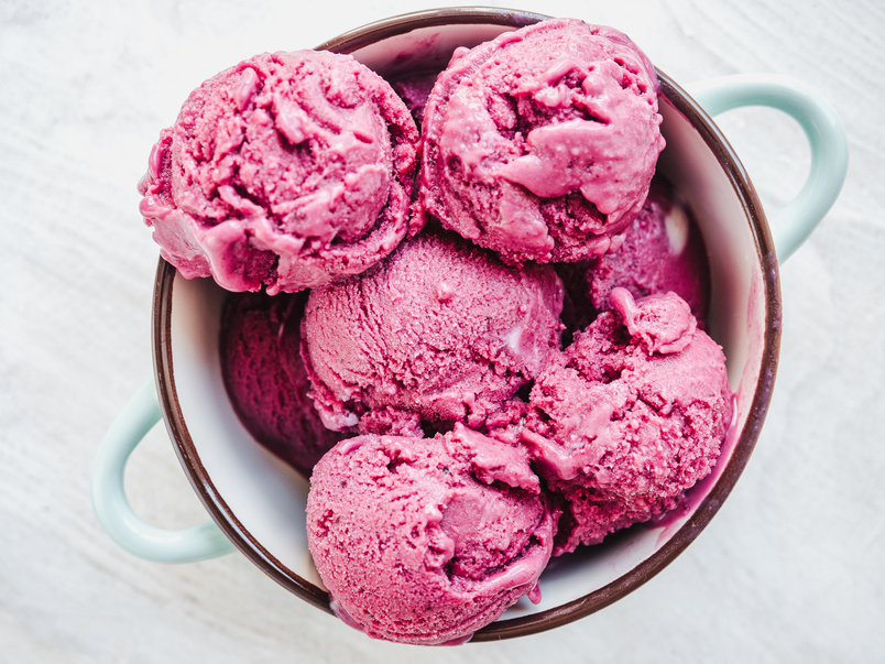 Bright, Fruit Ice Cream on a Vintage Plate
